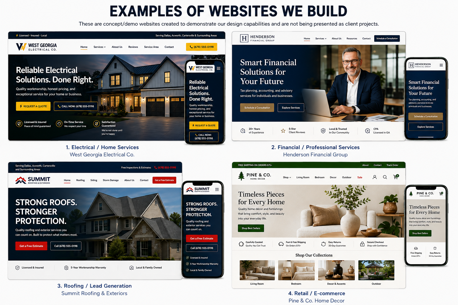 Four Silver Comet Digital concept website examples for electrical, financial, roofing, and retail businesses