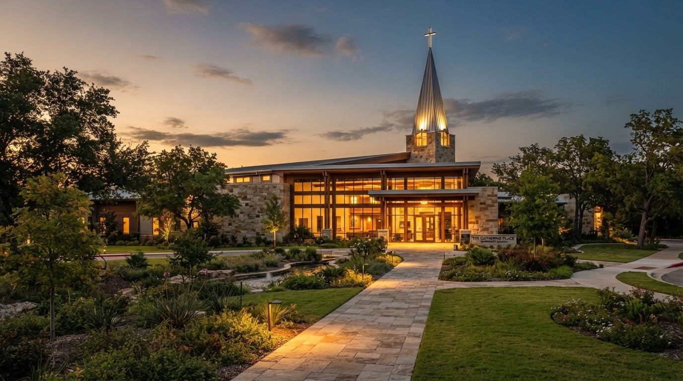 Modern church exterior showing a welcoming arrival