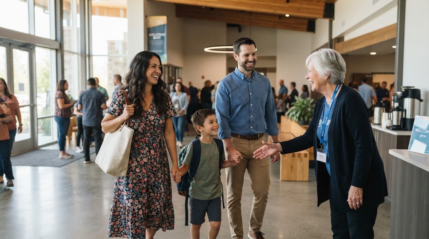 Family arriving at church